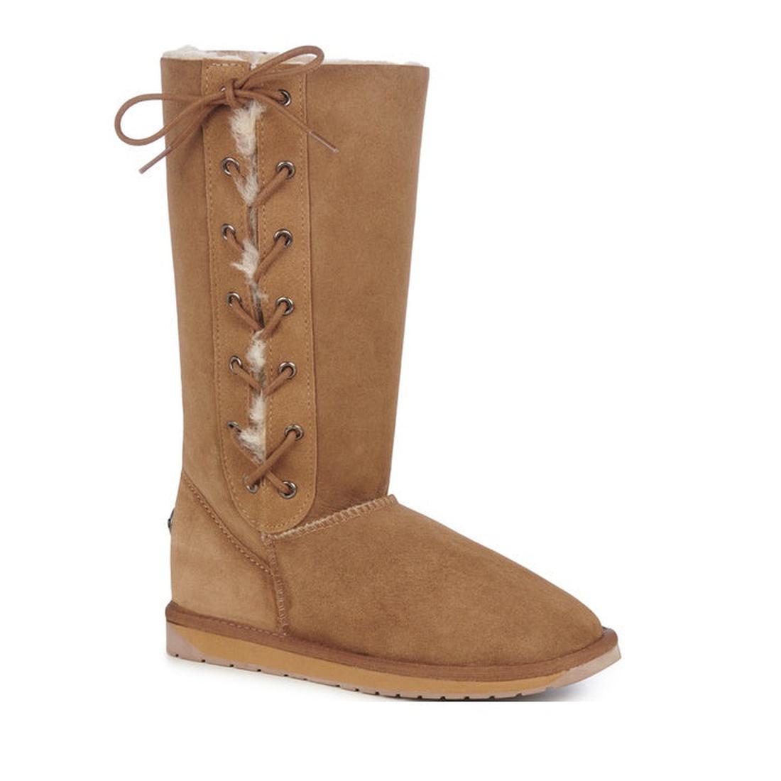 EMU NZ Platinum Hi Lace Chestnut Tan Sheepskin Boot with cozy faux fur, flat sole, easy side laces—classic comfort for all ages.  ksnz