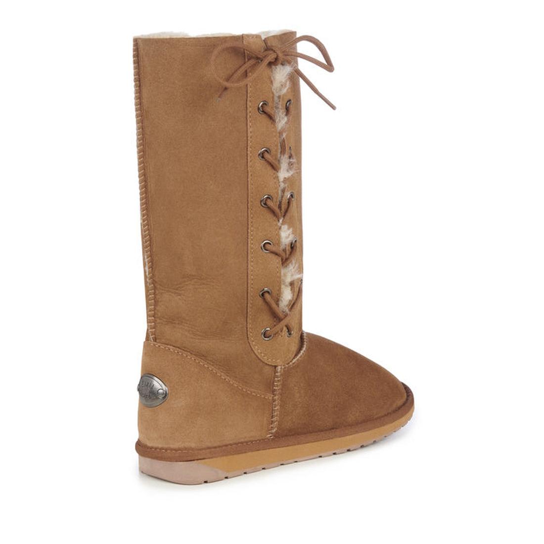 EMU NZ Platinum Hi Lace Chestnut Tan Sheepskin Boot, knee-high with cozy faux fur lining, side lace-up, flat sole, and round toe.  ksnz