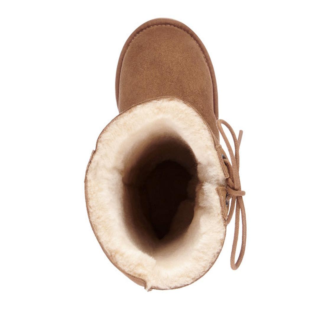 EMU NZ Platinum Hi Lace Chestnut Tan Boot: tall sheepskin style with easy side laces, soft white lining, and sturdy sole for family comfort.  ksnz