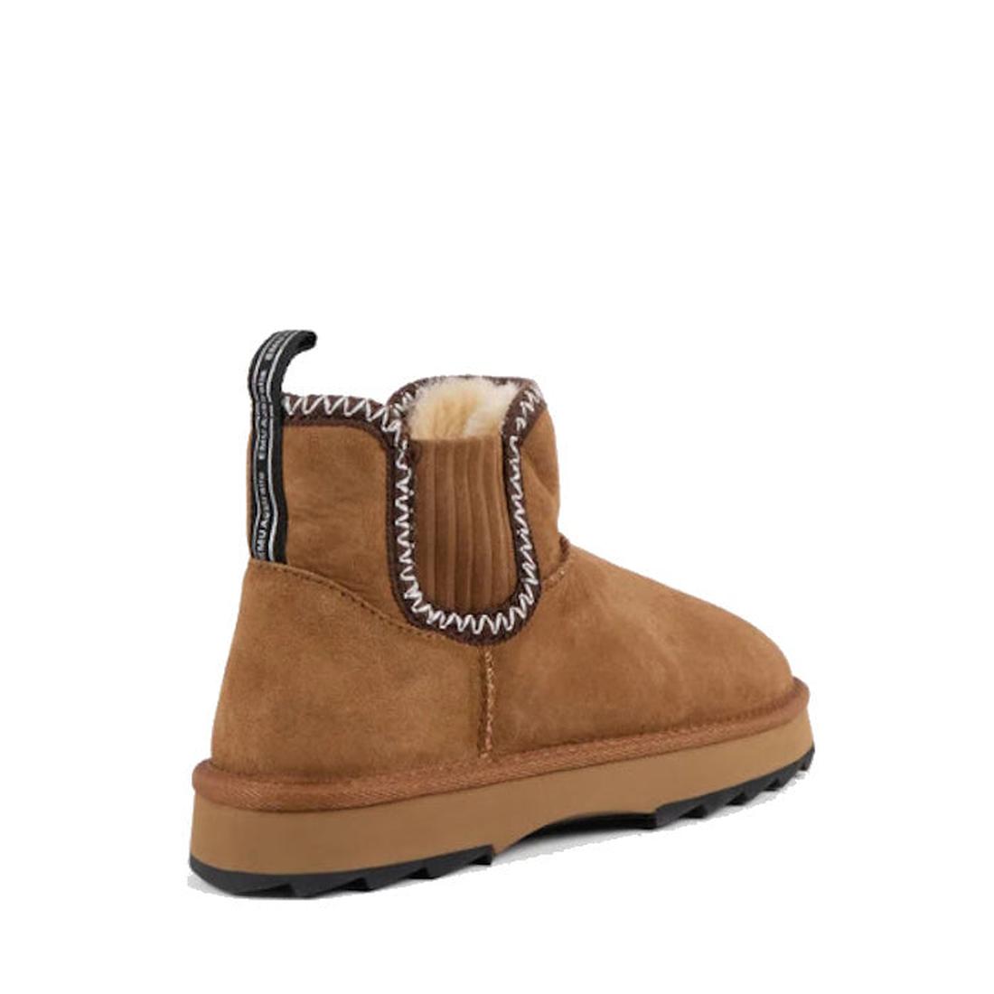 The Emu Womens Higgie Chestnut Platform Wool Boot is shown from an angled rear view, crafted from water-resistant Australian sheepskin in brown suede with a light brown sole, visible fur lining, white zigzag stitching, and a black heel pull tab., 93300719