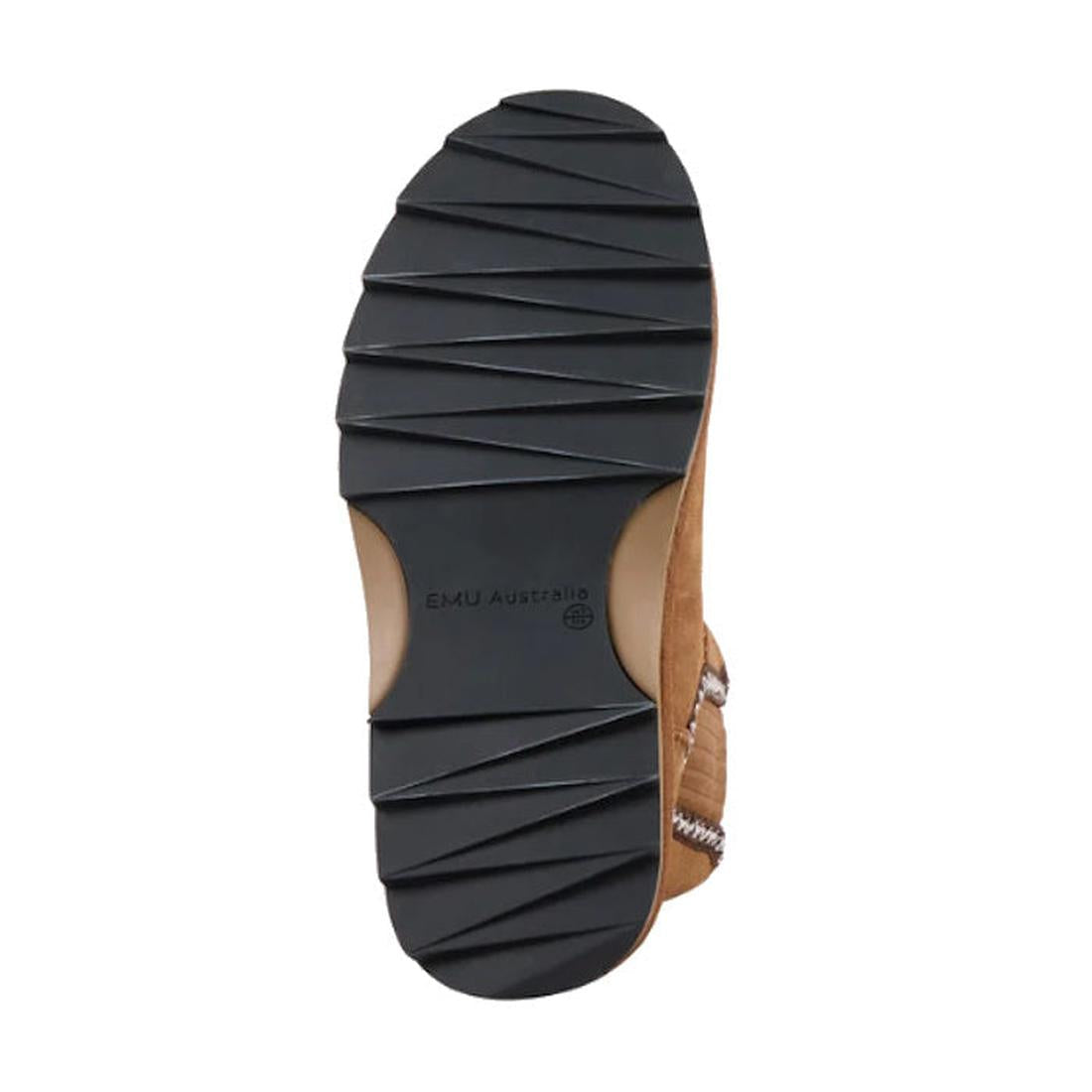 The image shows the chunky Sharky sole of the Emu Womens Higgie Chestnut Platform Wool Boot, a brown boot with black rubber tread featuring wide diagonal grooves and the EMU Australia logo printed in the center., 9330071978580, 9330071978597, 50686