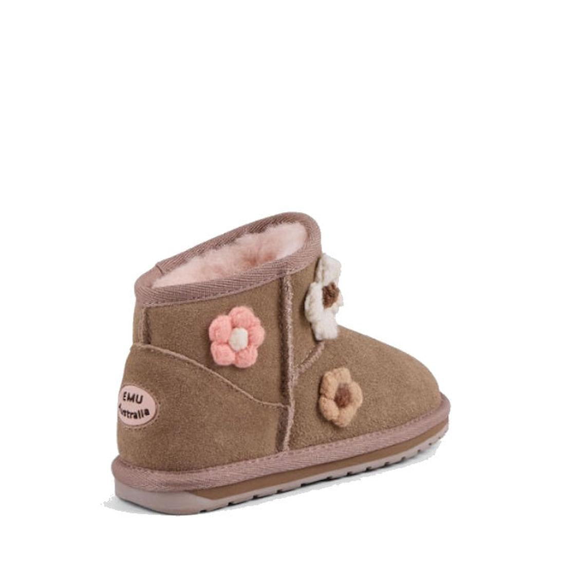 The EMU Kids Daisy Mushroom Merino Wool Boot for toddlers features brown suede, pink and white plush daisy accents, a fuzzy pink wool lining, a soft rubber sole, and a small EMU Australia logo on the heel., 9330071974605, 9330071974612, 9330071974629, 933
