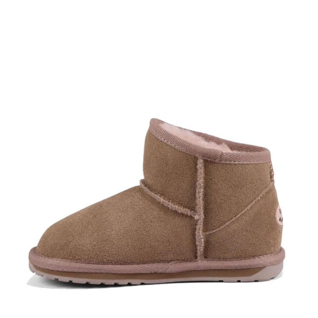 The EMU Kids Daisy Mushroom Merino Wool Boot is a brown suede mini boot with soft Merino wool lining and a flat, slightly ridged sole, shown in side profile against a white background., 9330071974605, 9330071974612, 9330071974629, 9330071974636, 933007197