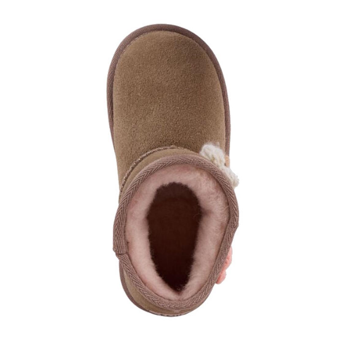 Top view of the EMU Kids Daisy Mushroom Merino Wool Boot, a single brown mini boot featuring a rounded toe and plush, light pink Merino wool interior., 9330071974605, 9330071974612, 9330071974629, 9330071974636, 9330071974643, 9330071974650, 9330071974667