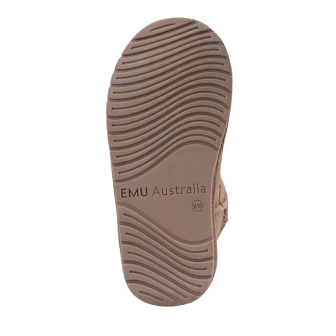 The sole of the EMU Kids Daisy Mushroom Merino Wool Boot, in brown with a wavy tread and "EMU Australia" plus size 10 on the bottom, is crafted for comfort with cozy Merino wool lining., 9330071974605, 9330071974612, 9330071974629, 9330071974636, 93300719