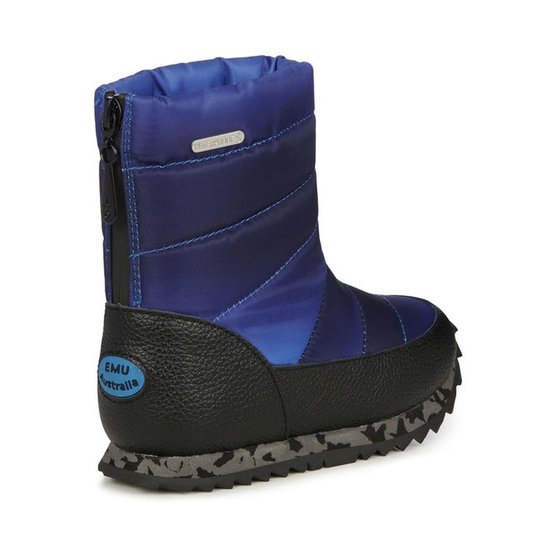 EMU NZ Kids Tarlo Midnight Boot: a waterproof blue and black boot with rear zipper, warm Merino wool lining, and camo-patterned sole.  ksnz