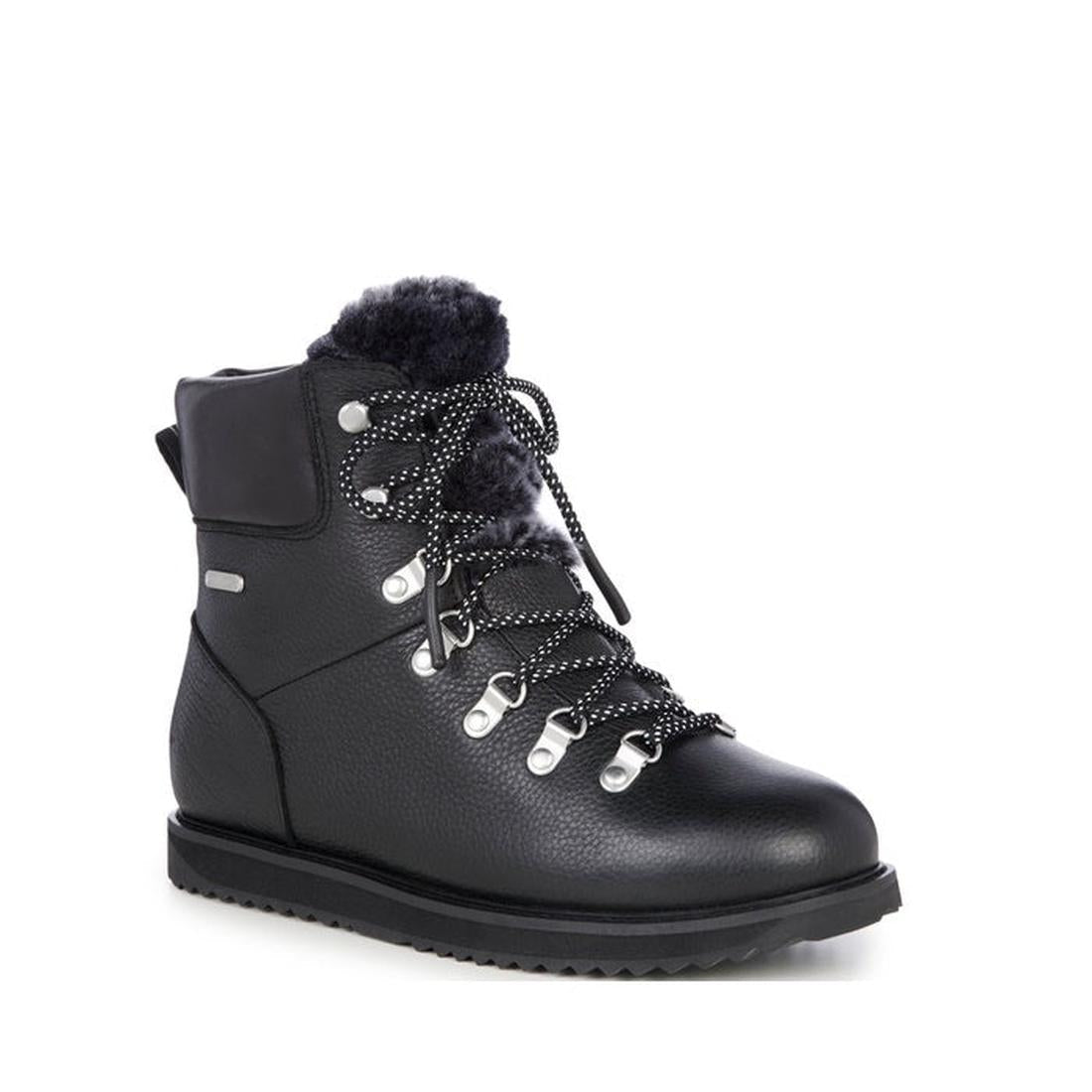 EMU NZ Emu Womens Larawag Black Lace Up Wool Waterproof Boot with cozy sheepskin lining, sturdy sole, and family-friendly comfort.  ksnz