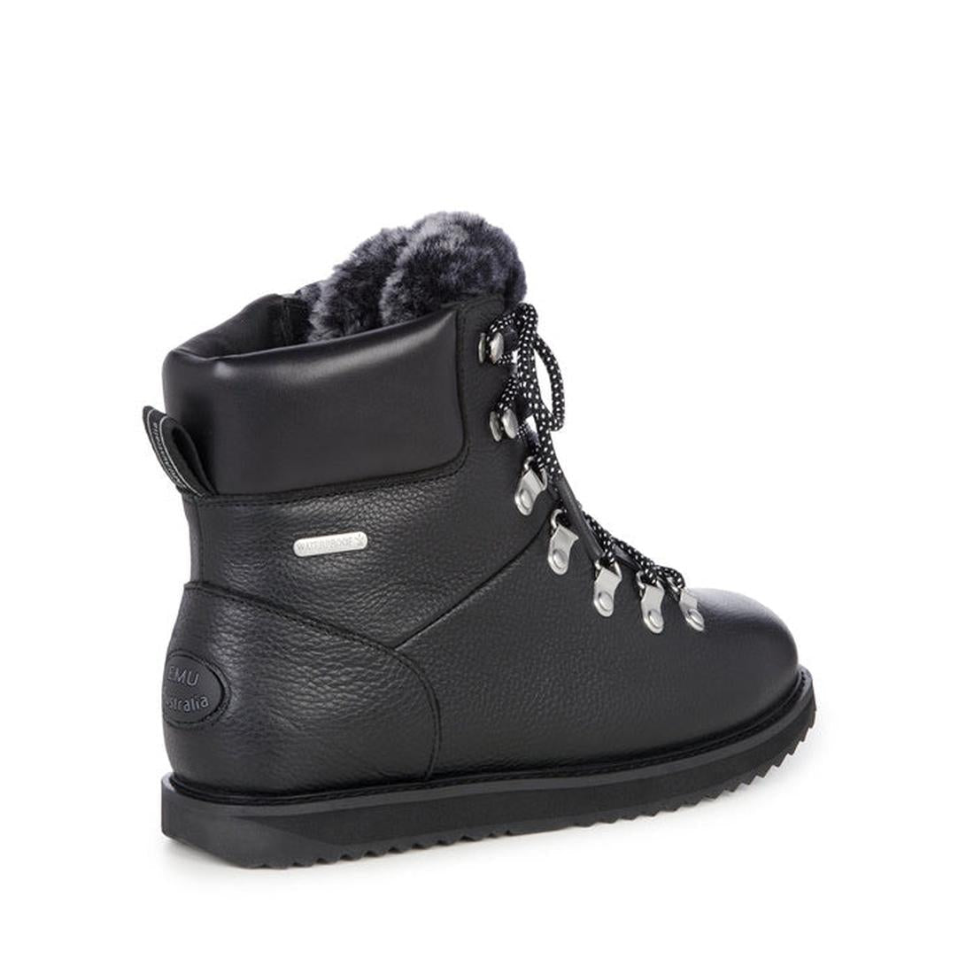 EMU NZ Emu Womens Larawag black wool waterproof boots with a sturdy sole, cozy lining, lace-up closure, and easy-grip tread.  ksnz
