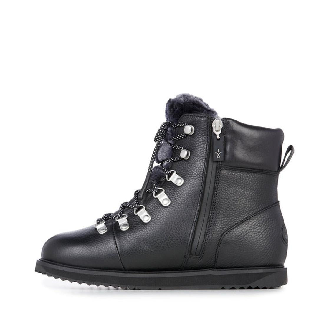 EMU NZ Emu Womens Larawag Black Wool Lace-Up Boot is waterproof, with a cozy fleece collar, sturdy sole, and easy side zipper.  ksnz