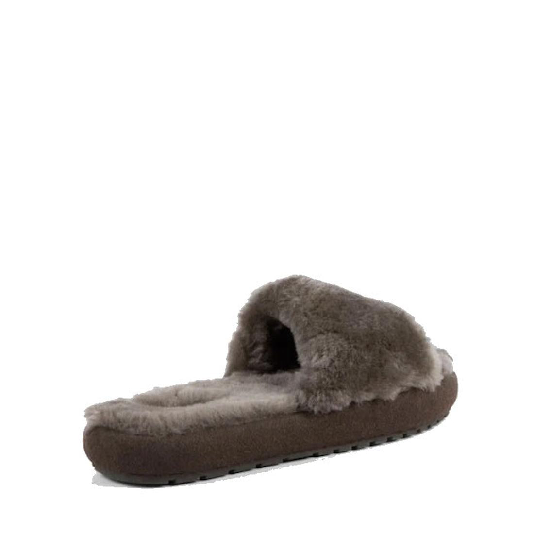 The EMU Women's Mckay Dark Olive Sheepskin Scuff Slipper Slide is a single, open-toe women’s slipper in dark olive with a fluffy, soft sheepskin texture and flat sole, shown from a slight angle on a white background., 50733, 9330071976265, 9330071976272, 