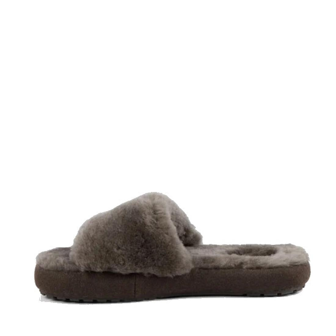 The EMU Women's Mckay Dark Olive Sheepskin Scuff Slipper Slide features a plush band and sole and is shown in profile view against a white background—ideal for women who love cozy slippers., 50733, 9330071976265, 9330071976272, 9330071976289, 50737, 50738