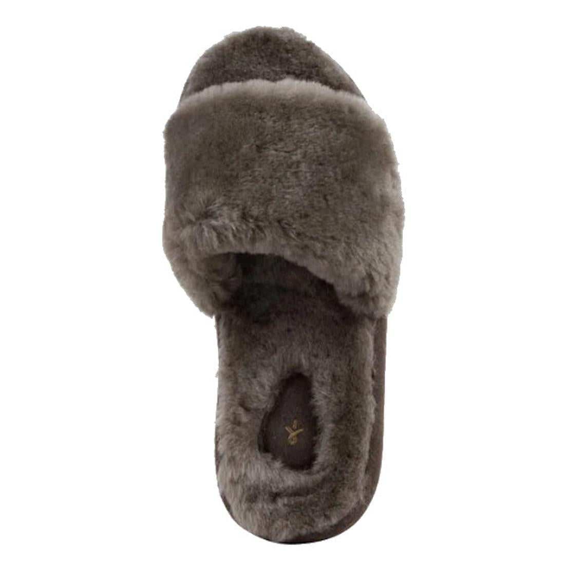 The EMU Women's Mckay Dark Olive Sheepskin Scuff Slipper Slide features an open toe and plush sheepskin covering the entire upper and inner sole, offering a cozy option for women's slippers., 50733, 9330071976265, 9330071976272, 9330071976289, 50737, 5073