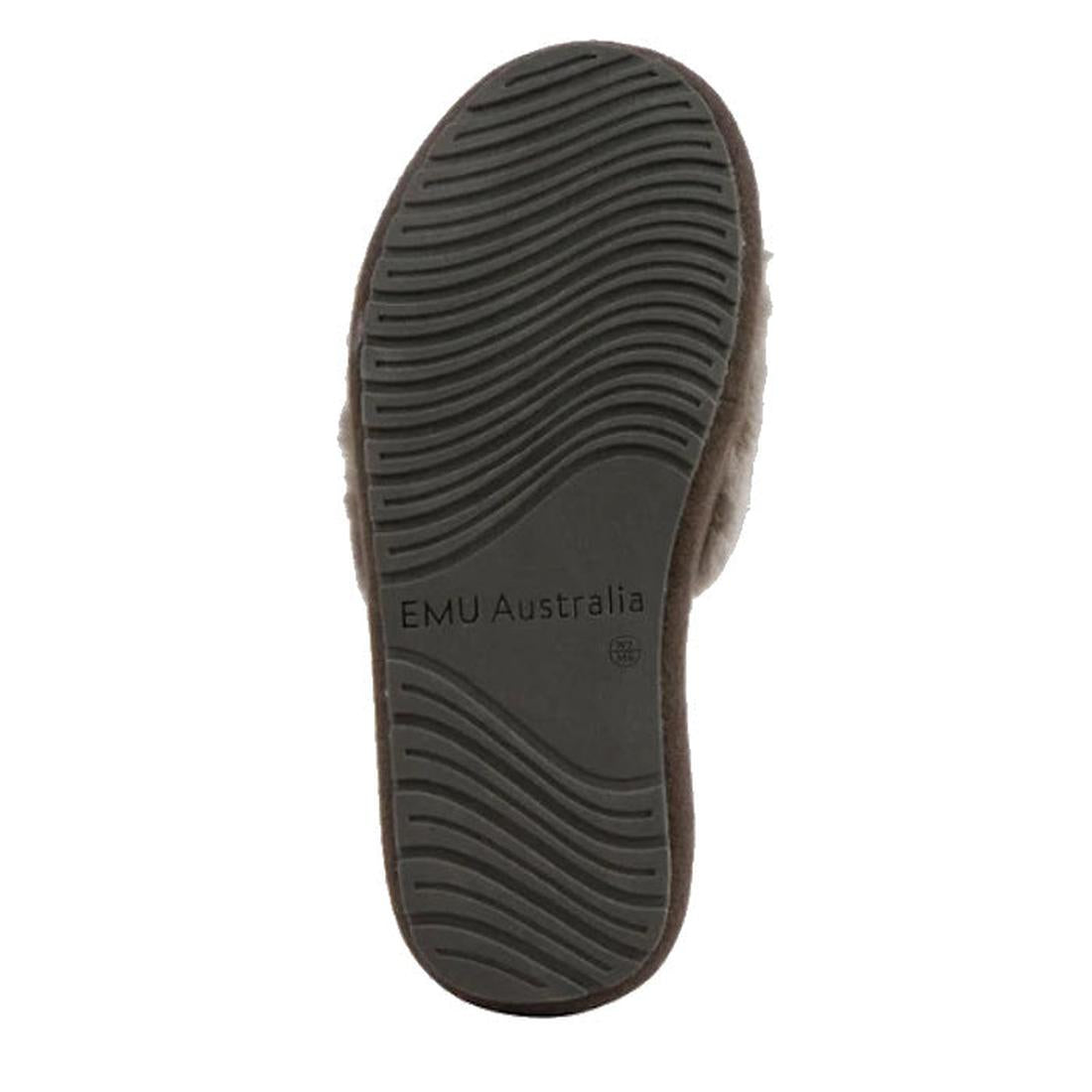 The sole of the EMU Women's Mckay Dark Olive Sheepskin Scuff Slipper Slide features a textured pattern with "EMU Australia" printed in the center, shown against a white background., 50733, 9330071976265, 9330071976272, 9330071976289, 50737, 50738