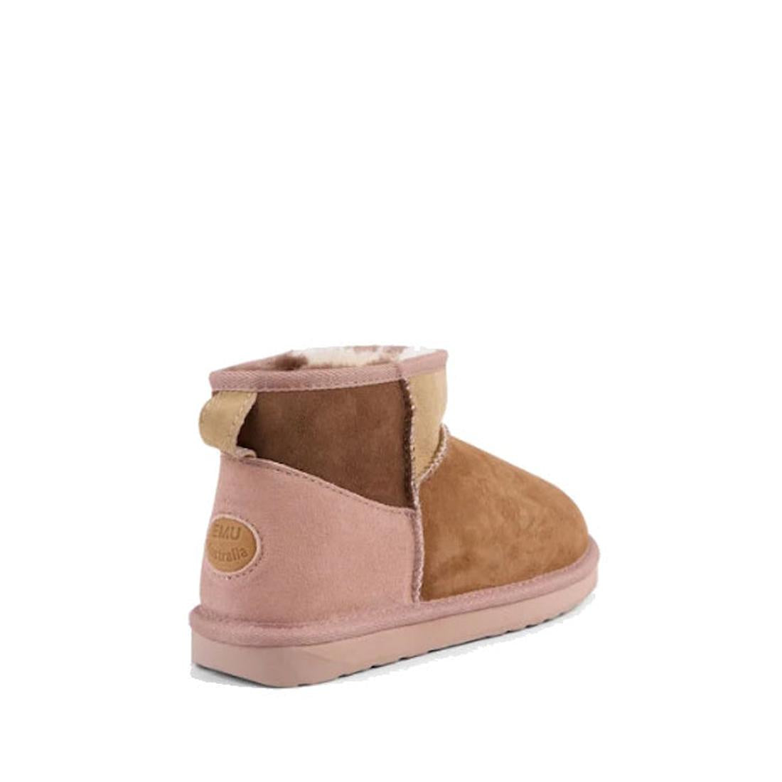 The EMU Stinger Micro Patchwork Sheepskin Chestnut Wool Boot is ankle-high with brown and pink suede, a light pink sole, embossed heel logo, sheepskin lining, and classic Australian sheepskin boot style. Shown from back and side views., 50669, 93300719773