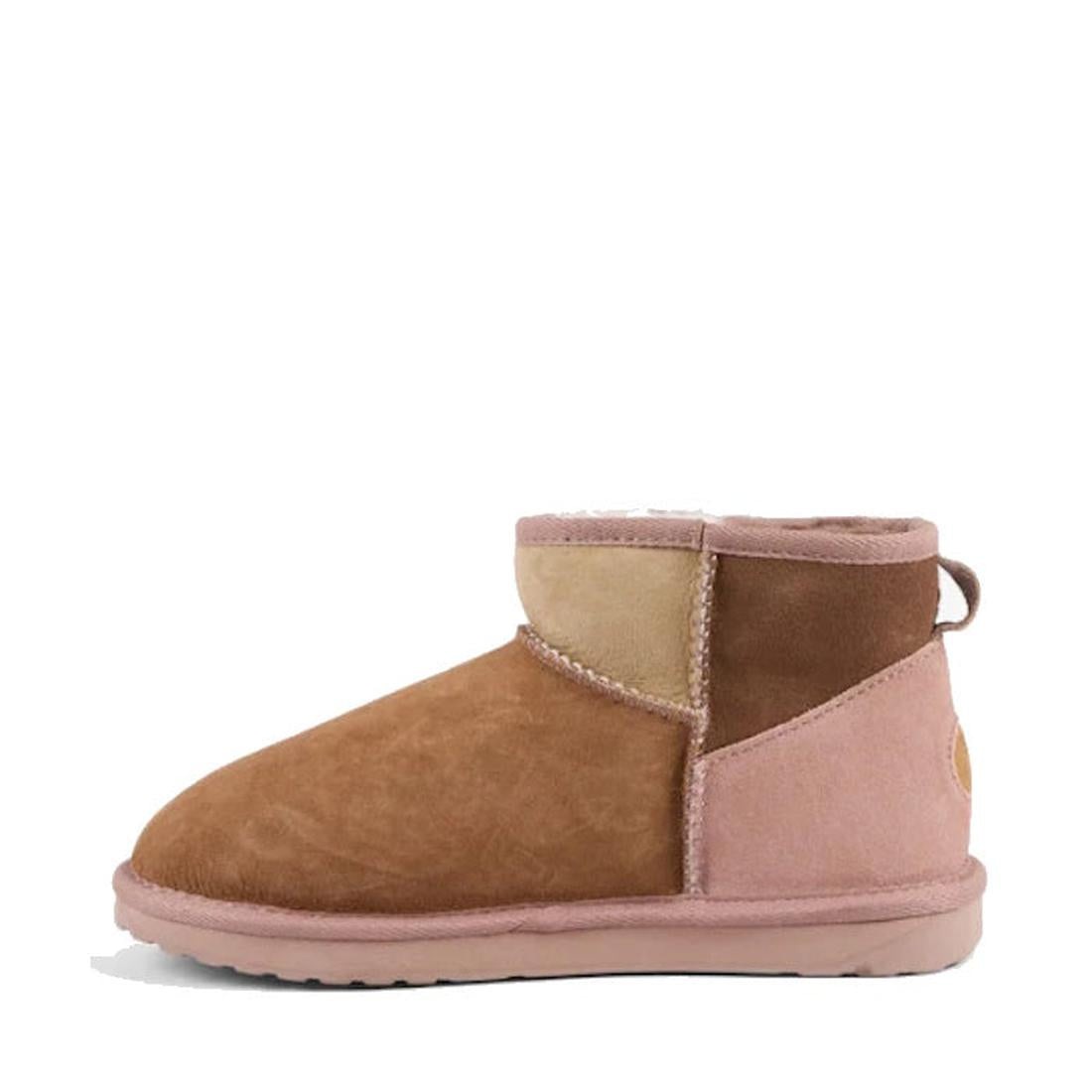 The EMU Stinger Micro Patchwork Sheepskin Chestnut Wool Boot features tan, brown, and pinkish-beige suede panels, a flat sole, back pull tab, and Australian sheepskin lining—perfect for cozy winter style. Shown in side profile., 50669, 9330071977309, 9330