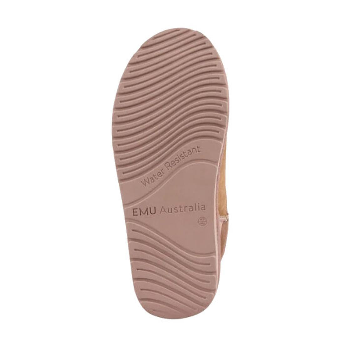 The image shows the light brown sole of the EMU Stinger Micro Patchwork Sheepskin Chestnut Wool Boot, featuring a wavy tread pattern and “Water Resistant” and “EMU Australia” labels, hinting at its durability., 50669, 9330071977309, 9330071977316, 9330071