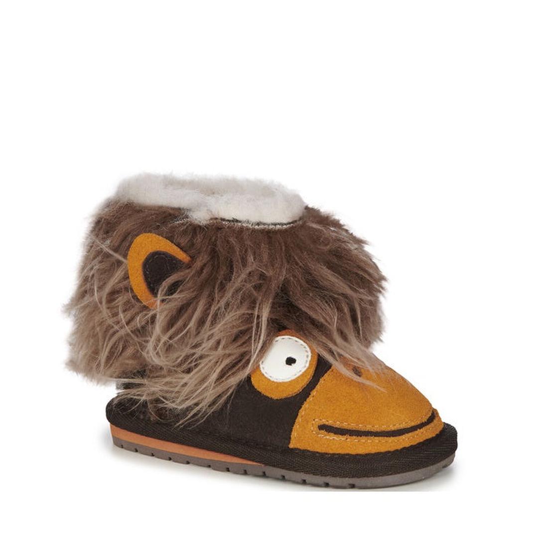 EMU NZ Toddlers Orangutan Espresso Walker—espresso brown suede slippers with fun orangutan face, cozy lining, sturdy sole, easy slip-on.  ksnz