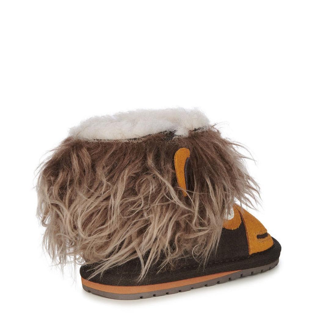 EMU NZ Toddlers Orangutan Espresso Walker—cozy brown and beige slipper boots, soft fleece lining, easy pull-on style, playful face details.  ksnz