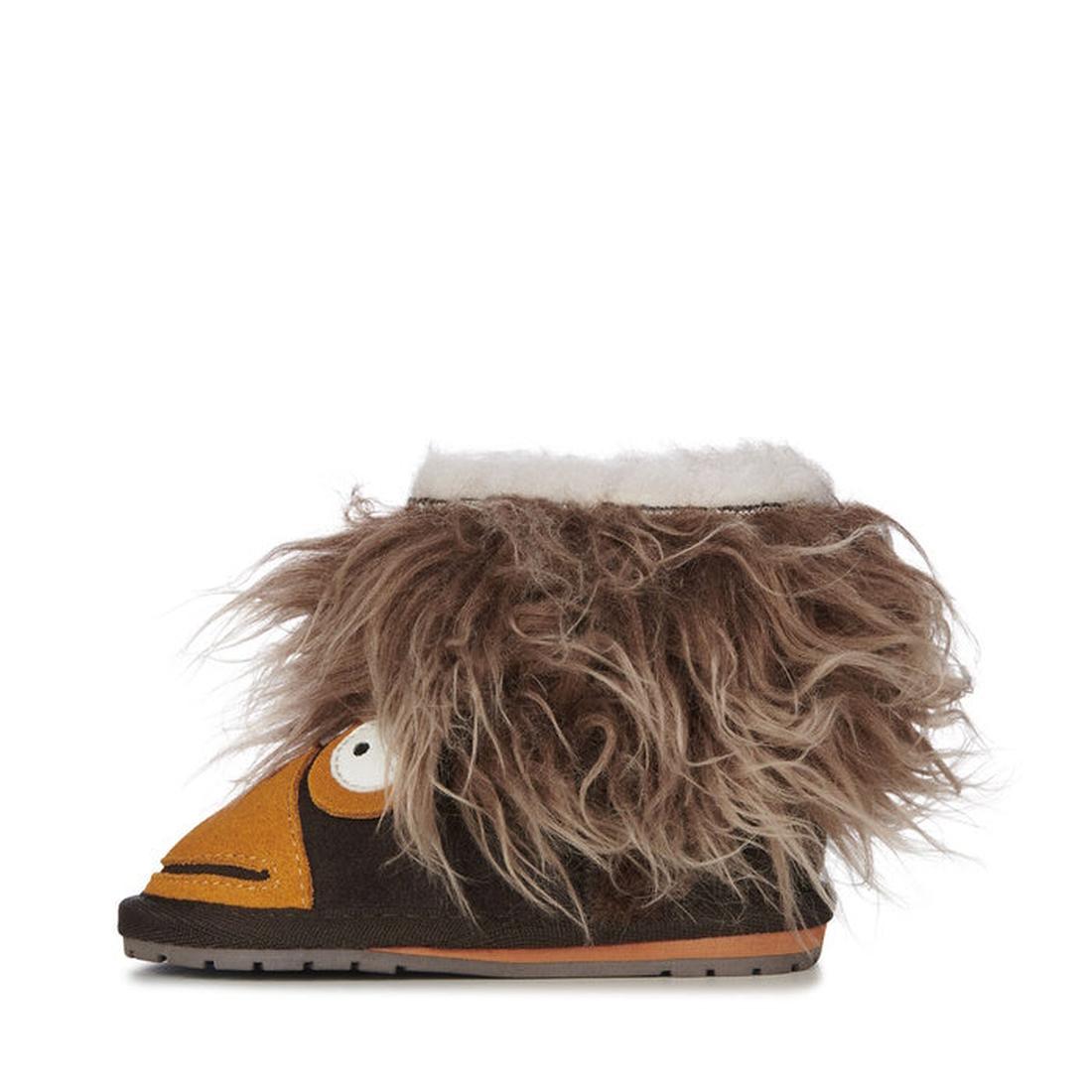 EMU NZ EMU Toddlers Orangutan Espresso Walker—adorable brown suede boots with faux fur, soft soles, easy pull-on design, playful orangutan face.  ksnz