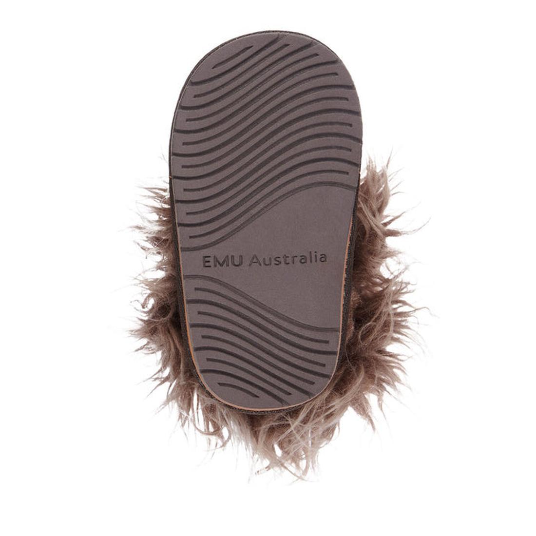 EMU Toddlers Orangutan Espresso Walker: cozy brown toddler shoes with wavy sole tread and soft Merino-style trim showing at edges.  ksnz