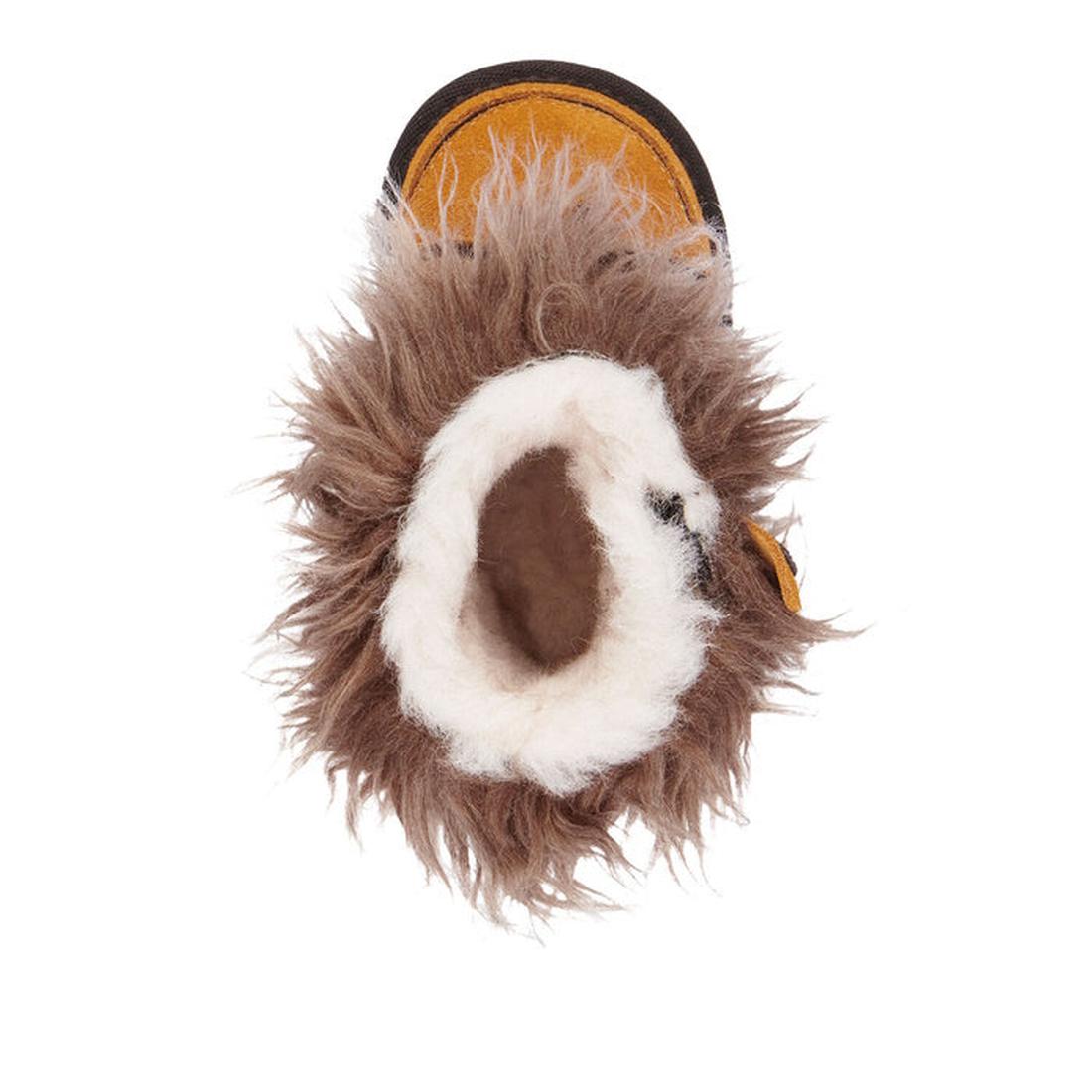 EMU Toddlers Orangutan Espresso Walker by EMU NZ is a cozy brown suede toddler boot with soft white lining, orange trim, and easy slip-on style.  ksnz