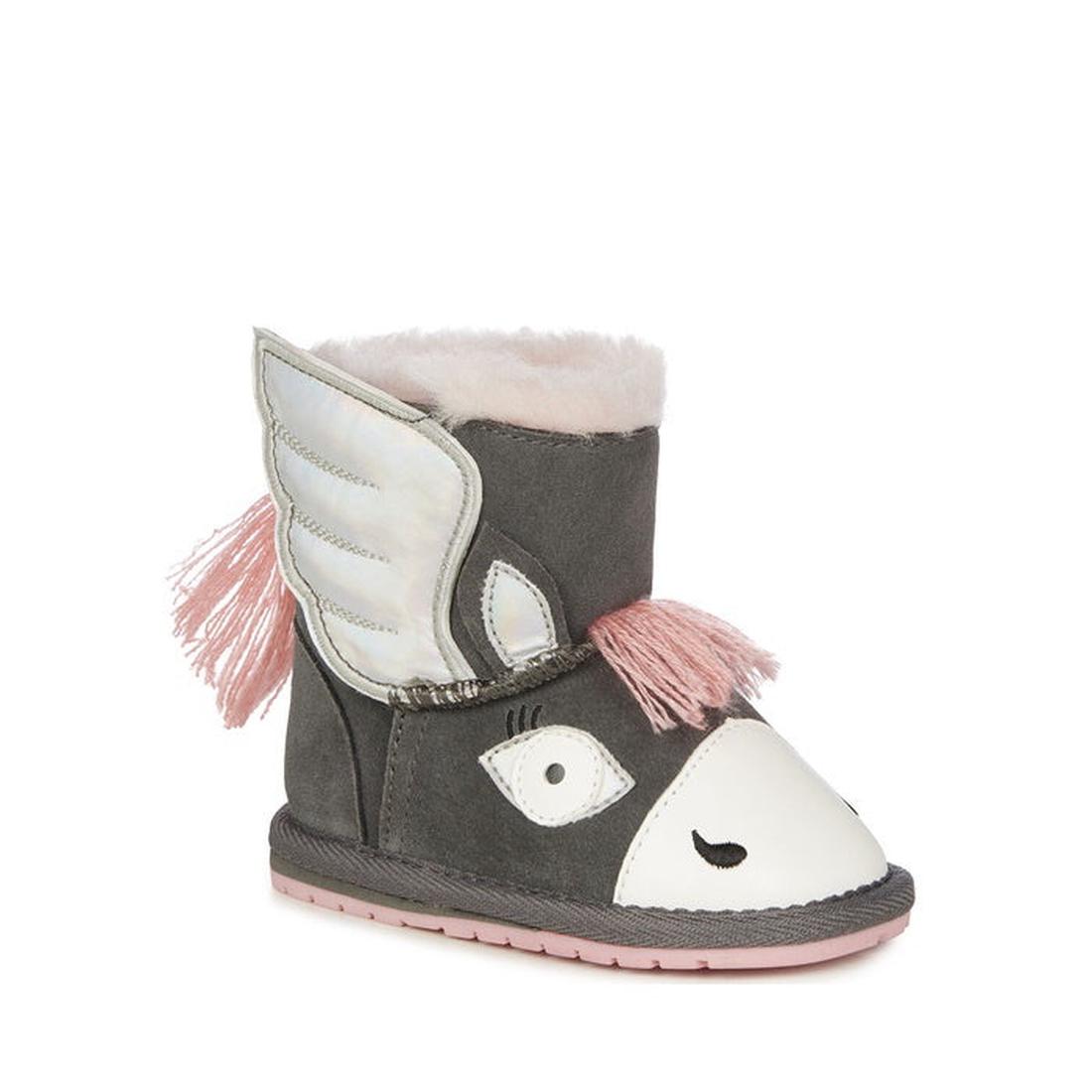 EMU Toddlers Pegasus Charcoal Walker is a cozy gray boot with unicorn flair, pink sole, soft wool lining, and an easy pull-on style.  ksnz