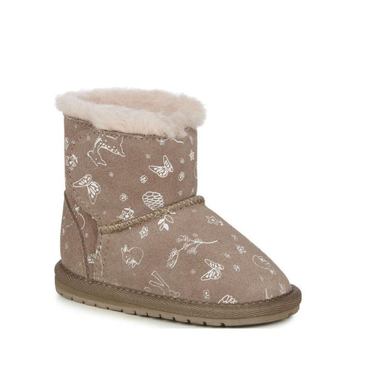 EMU Toddlers Woodland Toddle Mushroom Walker—tan suede boots with cozy Merino wool lining, cute woodland prints, flexible sole, easy closure.  ksnz