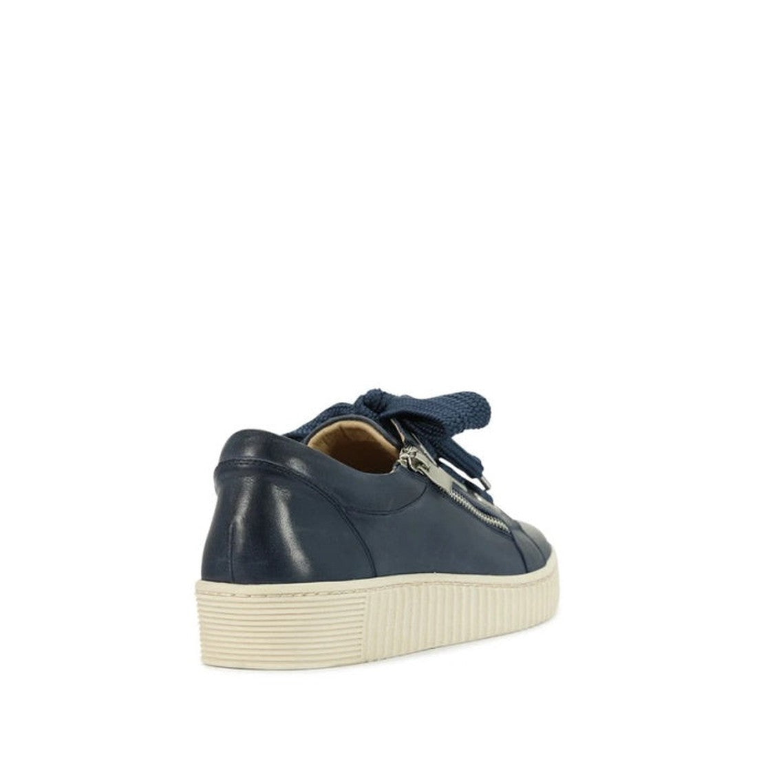 The EOS Jovi Leather Trainer is a navy lace-up sneaker with a side silver zipper, crafted from Italian Aniline leather. It features blue laces, a white sole, and is pictured from the rear side angle on a plain white background., jovinv36, jovinv37, 932119
