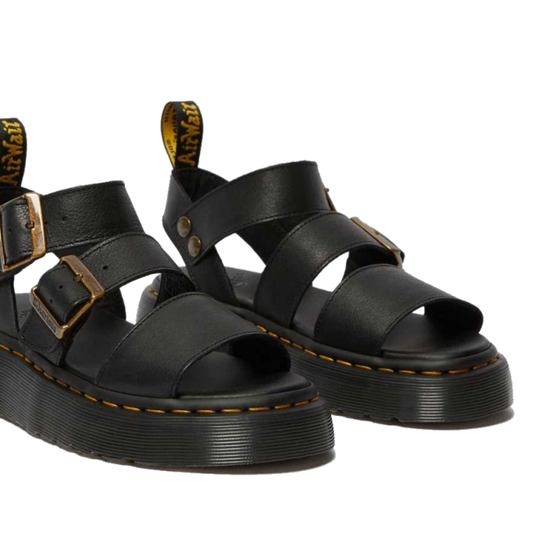 A front shot of a pair of Dr Martens Gyrphon sandals in Pisa leather. Showing the open toe and straps with the platform sole with yellow stitching.,
190665318654,
190665318661,
190665318678,
190665318685,
190665318692,
190665318708,
190665318715,
, 190665