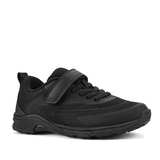 The Harrison Nifty Black School Trainer is a kids' sports shoe with a thick rubber sole, breathable mesh panels, laces, and self-fastening straps on top for extra support.