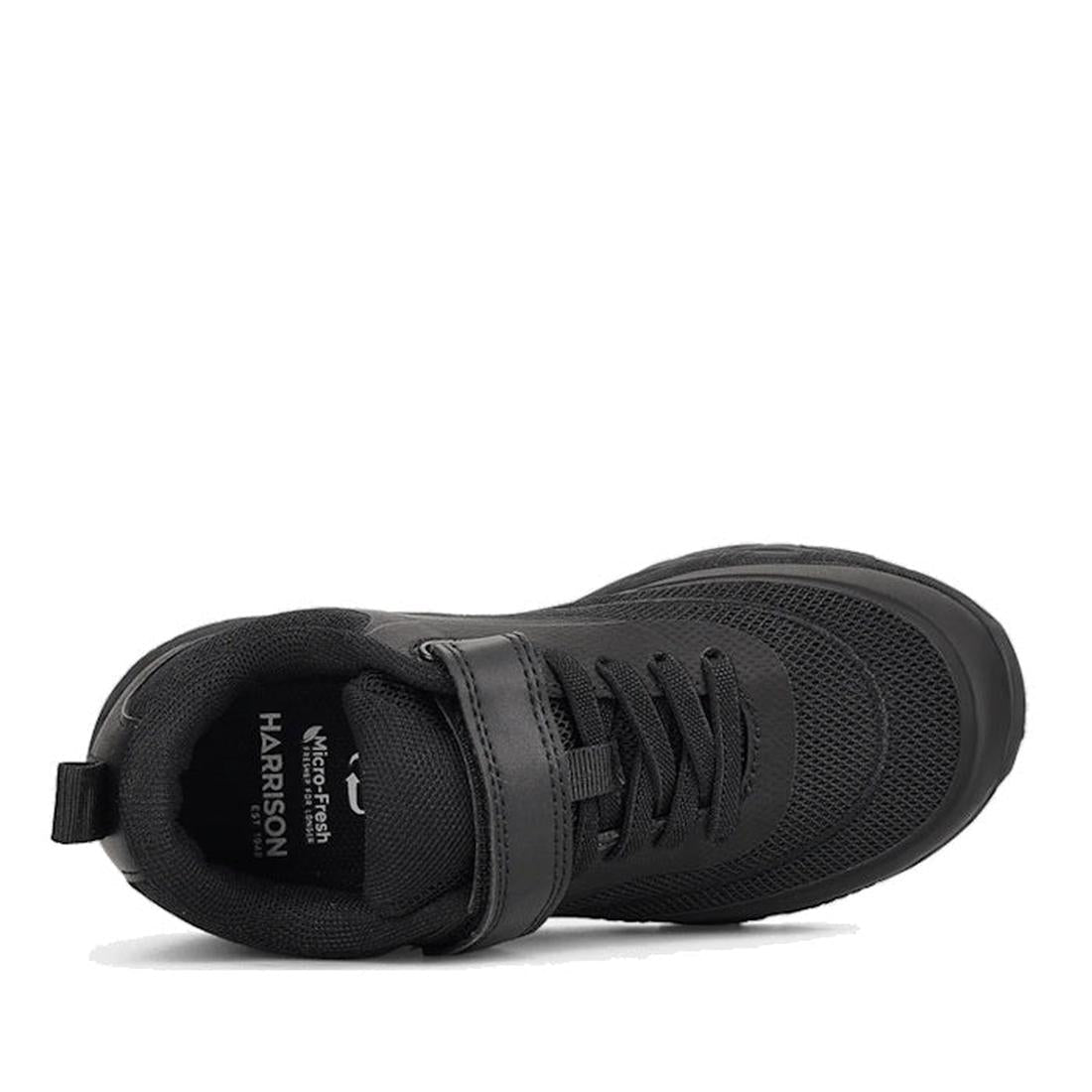 The Harrison Nifty Black School Trainer is a kids' sports shoe with a breathable mesh upper, black laces, self-fastening strap, heel pull tab, and insole labeled Harrison—ideal for active days and school wear., 48569, 48570, 48571, 9361913034997, 48573, 9