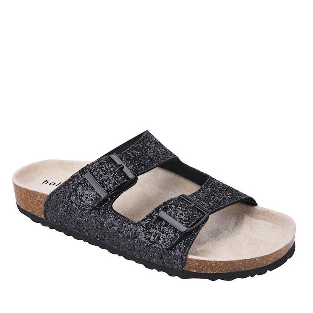Holster Farah Black Glitter Women's Slide Sandal with two buckle straps, soft footbed, and comfy cork sole—stylish and easy for summer.  ksnz