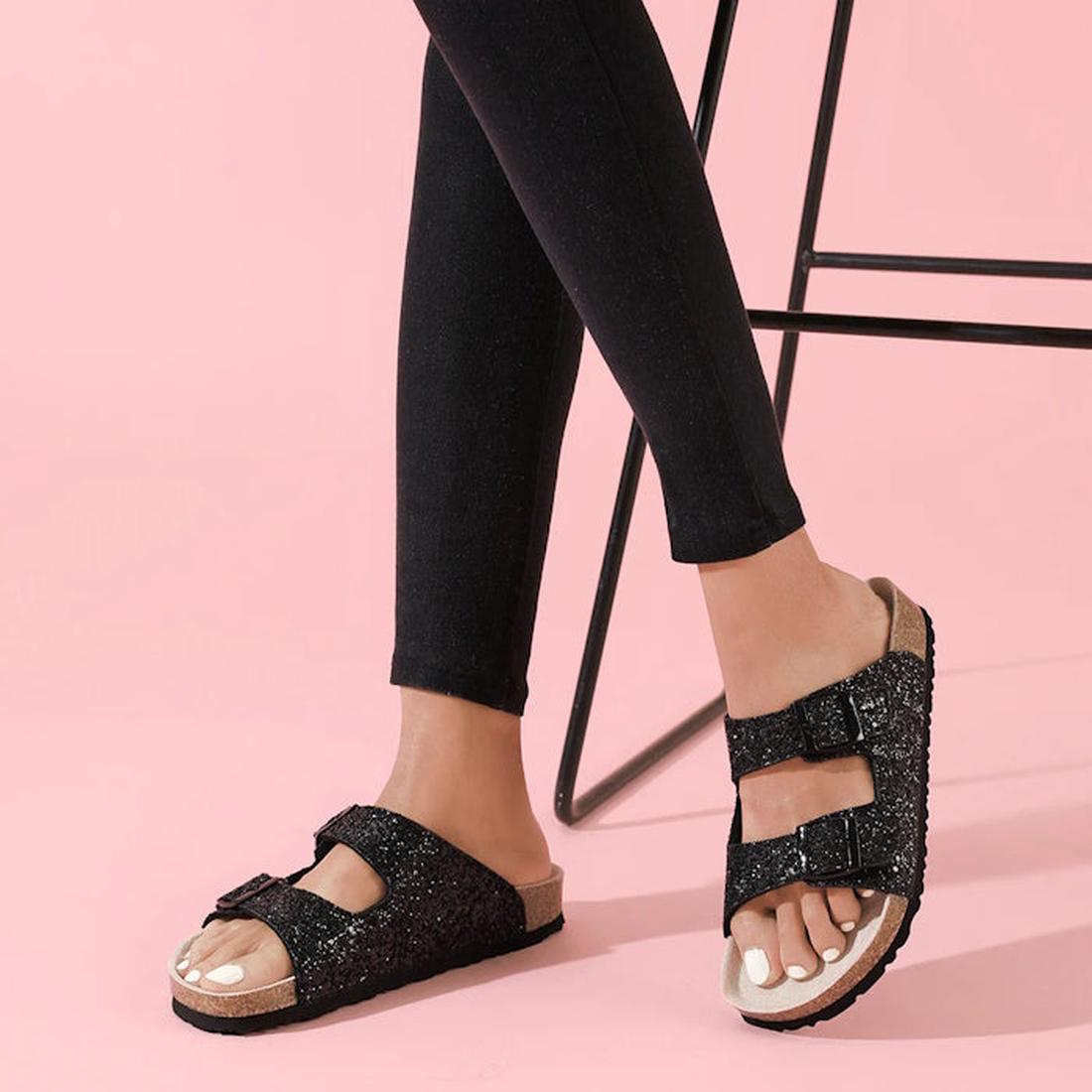 Add sparkle to your family's summer with Holster Farah Black Glitter Slide Sandals—shimmery slip-ons with comfy flat soles.  ksnz, 47386, 9337771186185, 9337771186192, 9337771186208, 9337771186215, 9337771186222, 47392, 47393