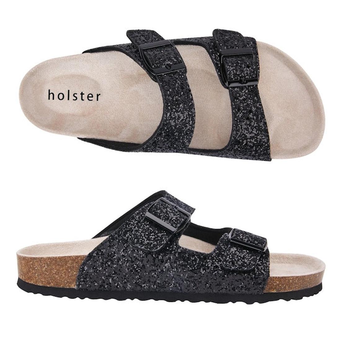Holster Farah Black Glitter Slide Sandal for women—cozy cork footbed, sparkly double-buckle straps, non-slip sole for all-day fun.  ksnz, 47386, 9337771186185, 9337771186192, 9337771186208, 9337771186215, 9337771186222, 47392, 47393