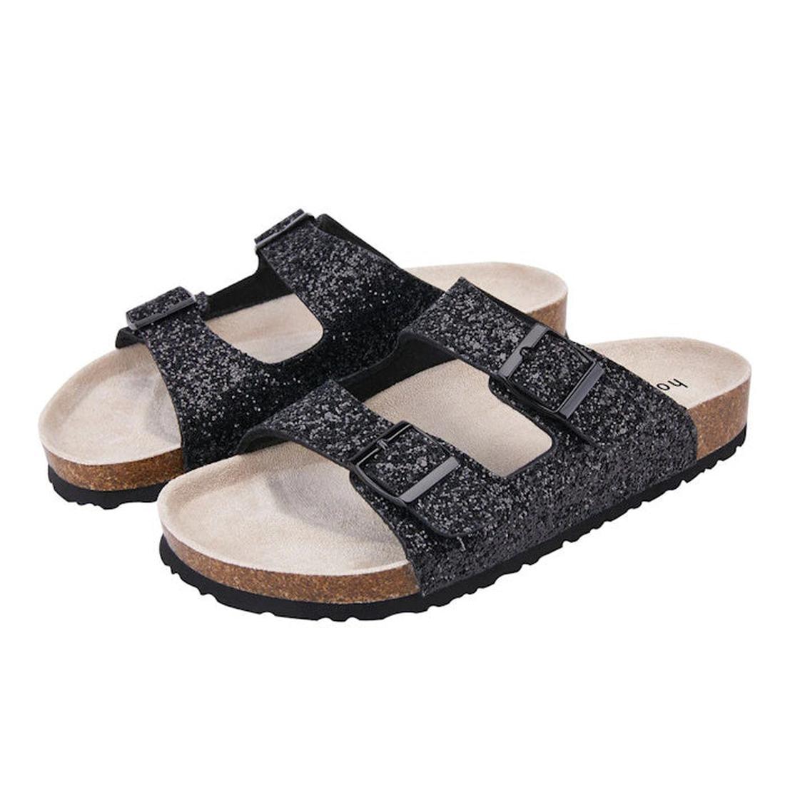 Holster Farah Black Glitter Women’s Slide Sandal with comfy cork sole, glittery double straps, and easy black buckles, on white.  ksnz, 47386, 9337771186185, 9337771186192, 9337771186208, 9337771186215, 9337771186222, 47392, 47393
