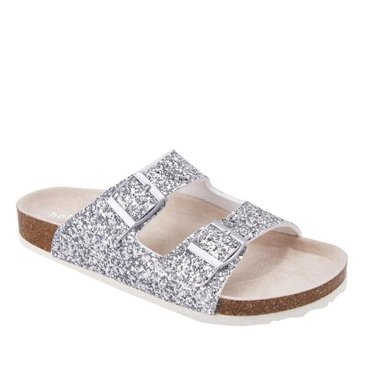 Holster Farah Silver Glitter Sandal for women has sparkling silver buckle straps, a comfy cork sole, and an easy-fit contoured footbed.  ksnz