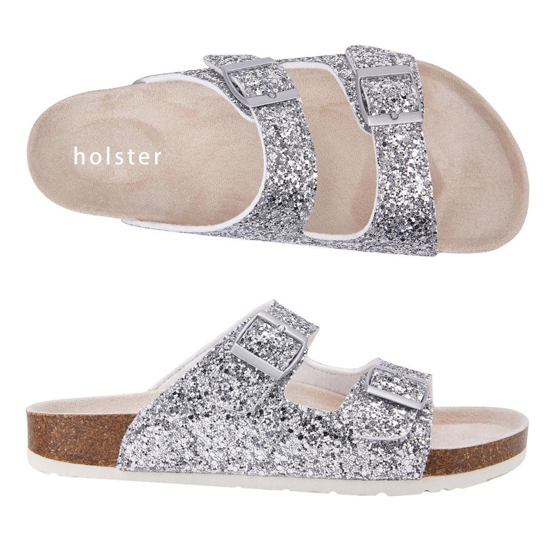 Holster Farah Silver Glitter Sandals for women with comfy cork soles, adjustable buckles, and white non-slip outsoles.  ksnz, 47394, 47395, 9337771186123, 9337771186130, 9337771186147, 9337771186154, 47400, 47401