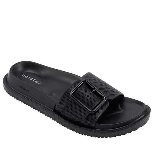 Holster Laze Black Summer Single Strap Slide: comfy black sandal with a wide air-perf strap, big buckle, cushy footbed, grippy sole.  ksnz