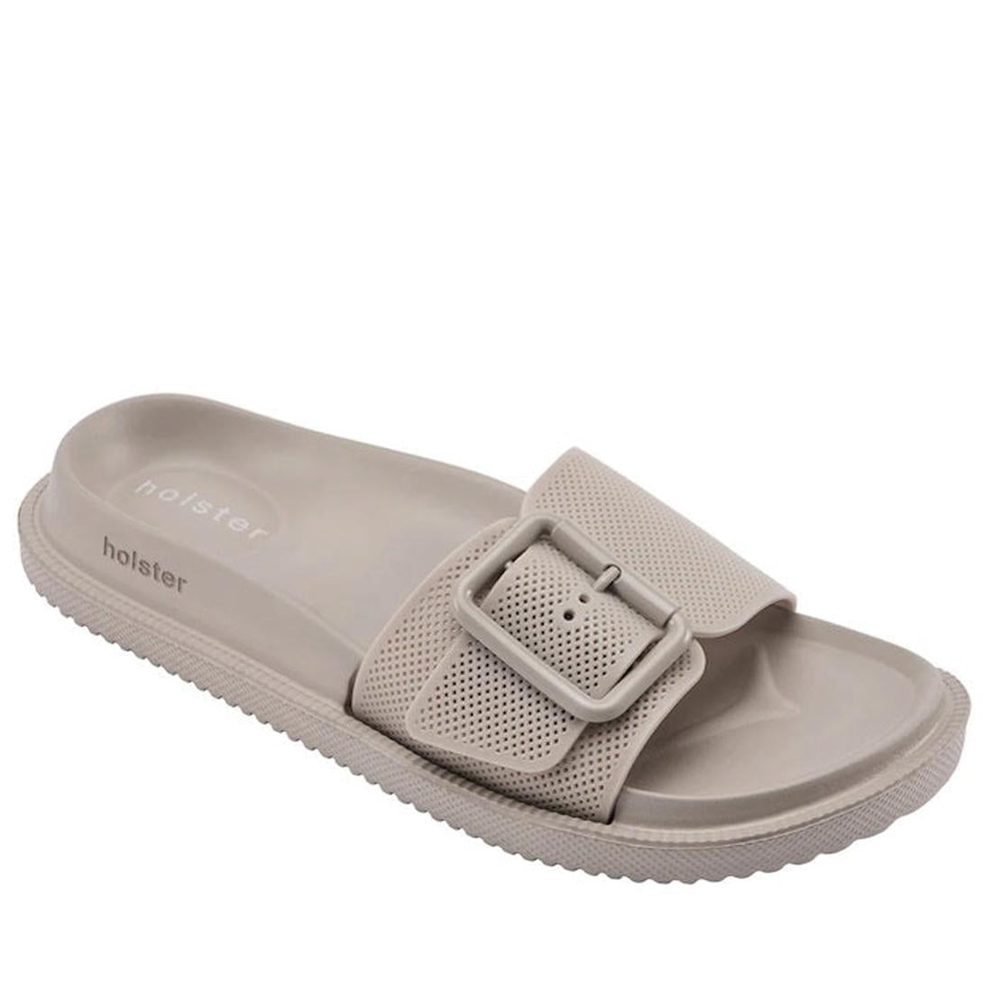Holster Laze Sand Summer Women's Single Strap Slide in soft beige, with a comfy thick sole and wide adjustable buckle strap.  ksnz