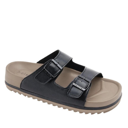 Holster Stride Black Women's Slide Sandal has two easy-adjust buckle straps, a cozy beige footbed with arch support, and a grippy brown sole.  ksnz