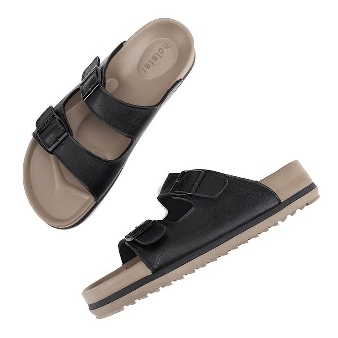 Holster Stride Black Slide Sandal for women, with comfy arch support, beige sole, and easy buckle straps. One top and one side view.  ksnz, 9337771006339, 9337771006346, 9337771006353, 9337771006360, 9337771006377, 9337771006384