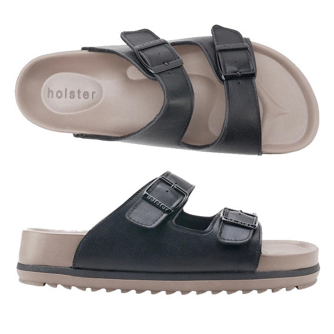 Holster Stride Black Women's Slide Sandal, comfy for summer with two buckle straps and sturdy beige sole, shown top and side.  ksnz, 9337771006339, 9337771006346, 9337771006353, 9337771006360, 9337771006377, 9337771006384