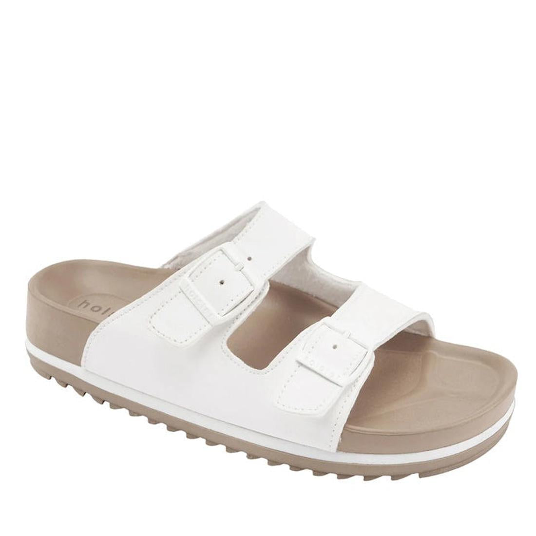 Holster Stride White Women's Summer Slide Sandal with adjustable buckle straps, cozy beige footbed, and grippy textured rubber sole.  ksnz