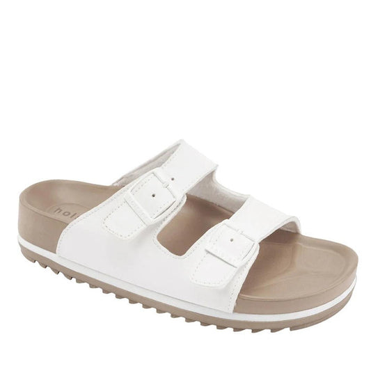 Holster Stride White Women's Summer Slide Sandal with adjustable buckle straps, cozy beige footbed, and grippy textured rubber sole.  ksnz