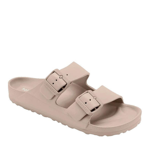 Holster Sundreamer Women's Slide Sandal in beige with comfy arch support, textured sole, and easy wide buckle straps, on white background.  ksnz