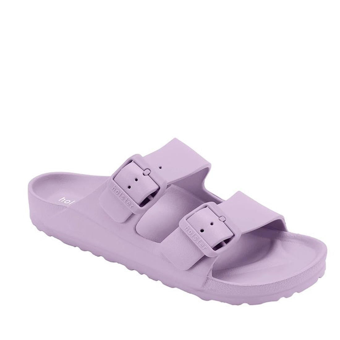 Holster Sundreamer Women's Lavender Slide Sandal with comfy arch support, non-slip sole, and easy adjustable buckle straps shown.  ksnz
