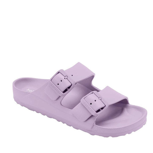 Holster Sundreamer Women's Lavender Slide Sandal with comfy arch support, non-slip sole, and easy adjustable buckle straps shown.  ksnz