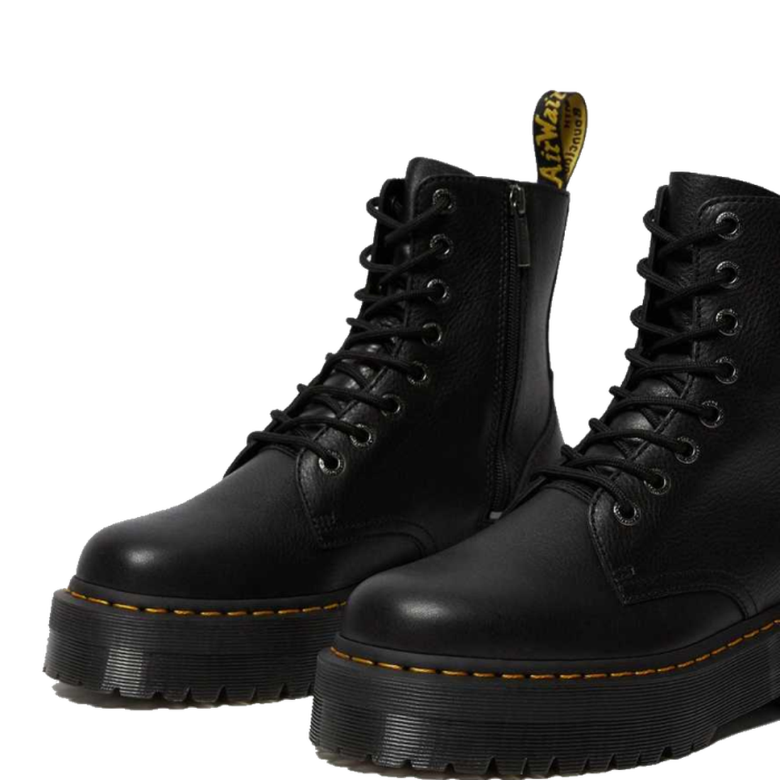 The Dr Martens Jadon III Pisa Black Chunky Boot features black leather, chunky platform soles, yellow stitching, side zippers, and a pull tab with yellow branding on the back., 190665375770, 190665375787, 190665375794, 190665375817, 190665375824, 19066537