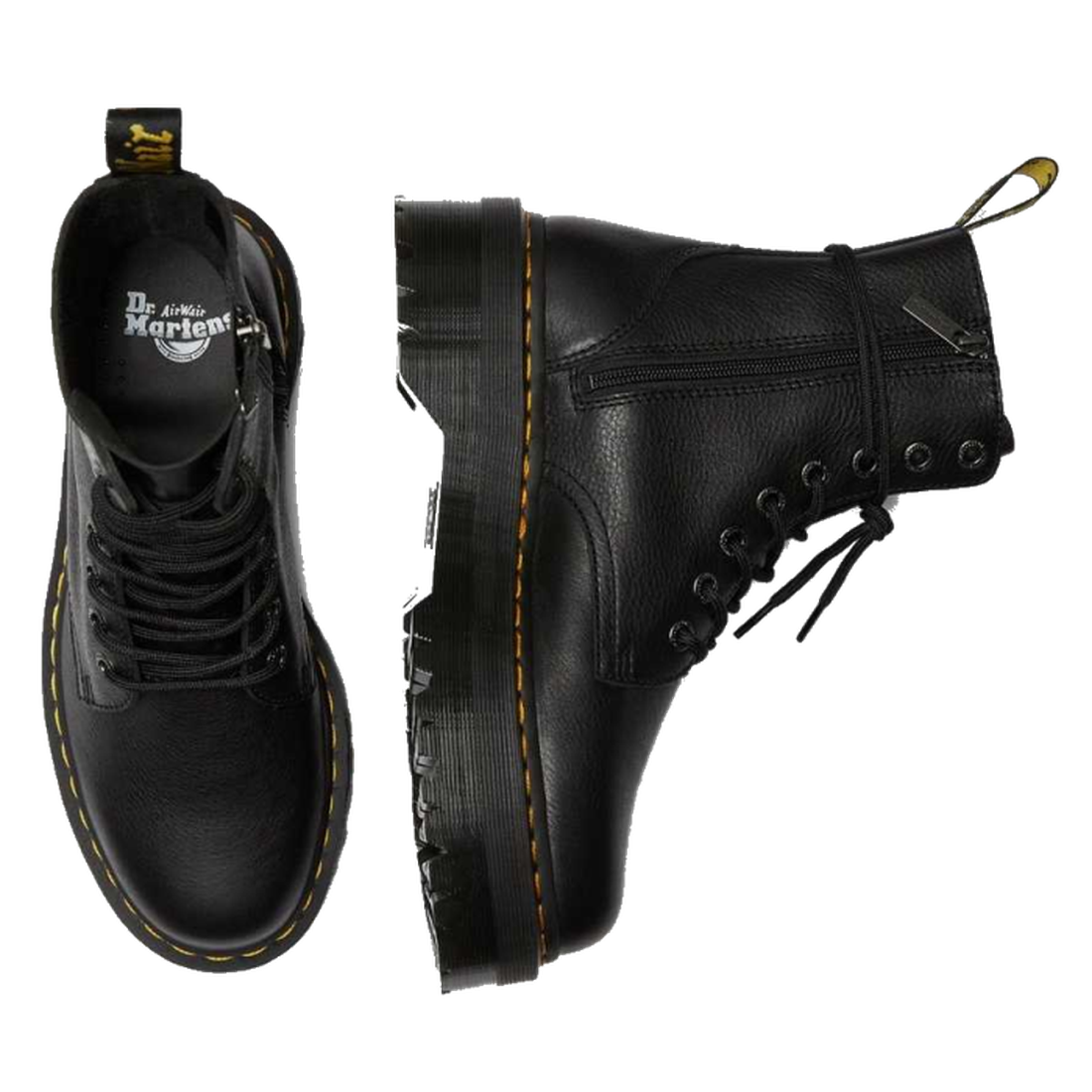 A pair of Dr Martens Jadon III Pisa Black Chunky Boots with yellow stitching, made from Pisa leather, shown in top and side views on a white background., 190665375770, 190665375787, 190665375794, 190665375817, 190665375824, 190665375831