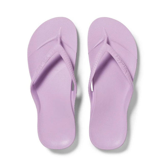 Archies Footwear Arch Support Jandal in Lilac, comfy sandals with supportive textured soles and easy wide straps, shown from above.  ksnz